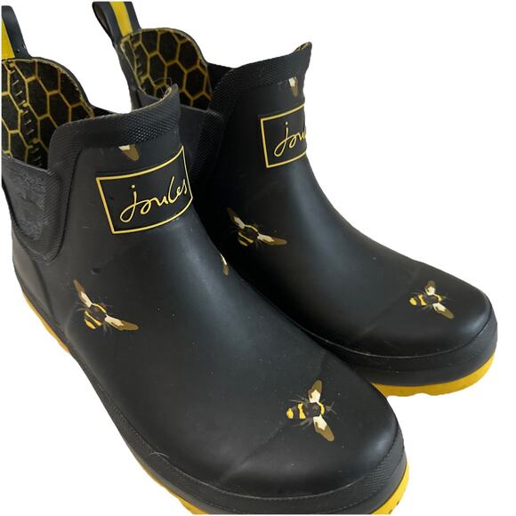 Joules Wellibob Black Yellow Bumble Bee Short Ankle Rain Boot Women’s Size 7 - Picture 1 of 10